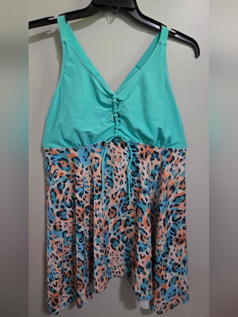 Turquoise Tie-Front  Swim Dress with Leopard-Print Skirt And Boy Short Bottoms.